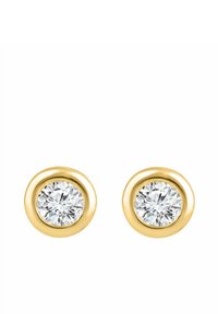 Náušnice s pozláteným tónom, zdobené okrúhlymi, priehľadnými kockovými zirkónmi v bezelovom nastavení; hladká kovová textúra s lešteným povrchom.