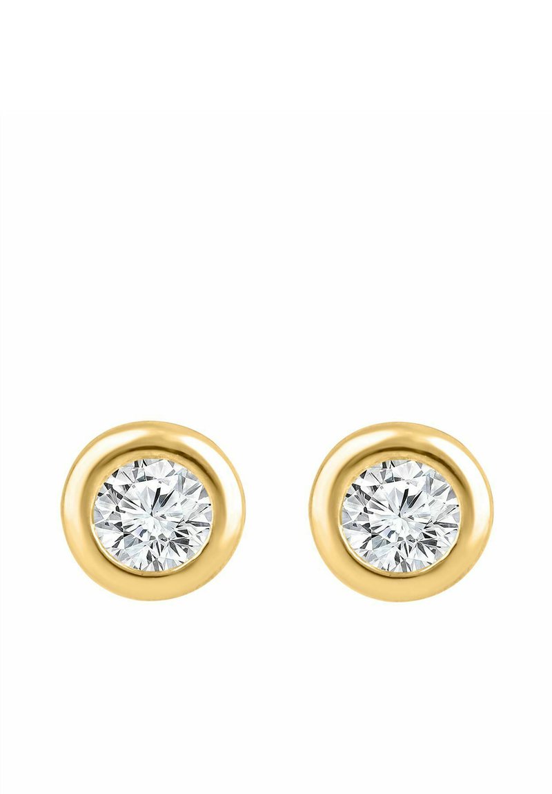 Náušnice s pozláteným tónom, zdobené okrúhlymi, priehľadnými kockovými zirkónmi v bezelovom nastavení; hladká kovová textúra s lešteným povrchom.
