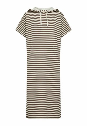 Röstripeeritud lühikeste varrukatega kleit pruunis ja kreemis, millel on kapuuts ja kinnituspael, ning kaks küljetaskut funktsionaalsuse jaoks.