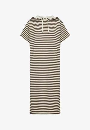 Raitapaitainen lyhytnuoraisten hihojen mekko ruskeassa ja kermassa, jossa on huppu ja nyöri, sekä kaksi sivutaskua toiminnallisuutta varten.