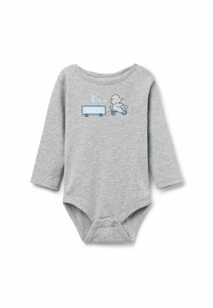 Szary longsleeve body wykonane z miękkiej bawełny, z designem kreskówkowym przedstawiającym rower oraz napisem "To CHŁOPIEC" w niebieskim kolorze. Zapięcie na zatrzaski na dole.