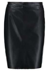 Černá sukně na tužku z umělé kůže s vysokým pasem a přiléhavým střihem, hladká textura a jemný lesk.
