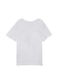 Korte mouwen witte katoenen t-shirt met een ronde hals, zachte textuur en eenvoudig ontwerp. Geen graphics of patronen op de achterkant.