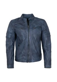 Marineblaue Lederjacke mit Stehkragen, durchgehendem Reißverschluss und vier Reißverschlusstaschen; verfügt über gerippte Akzente an Schultern und Ärmeln.