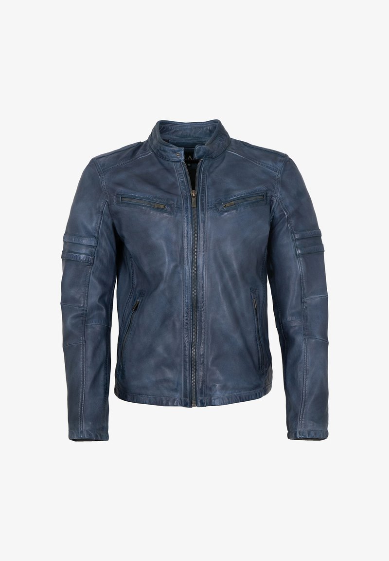 Marineblaue Lederjacke mit Stehkragen, durchgehendem Reißverschluss und vier Reißverschlusstaschen; verfügt über gerippte Akzente an Schultern und Ärmeln.