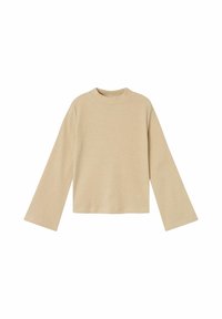 Beige ribbad långärmad topp med hög hals och utställda ärmar, som har en mjuk textur och en avslappnad passform.