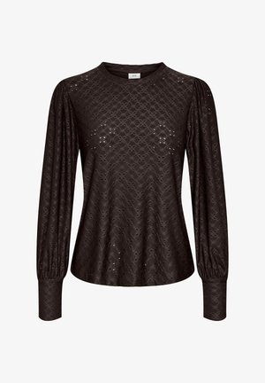 Langsleeve donkerbruin top gemaakt van gestructureerde stof met een patroon van gaten, met een ronde halslijn en aansluitende manchetten.