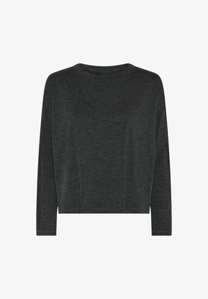 Dark gray long-sleeve crewneck sweater with a straight hem and subtle seam details on a plain background.