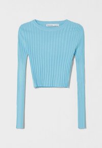 Ljusblå ribbad stickad långärmad topp med rund halsringning och en kortad design. Tyget har vertikala ränder och en mjuk textur.