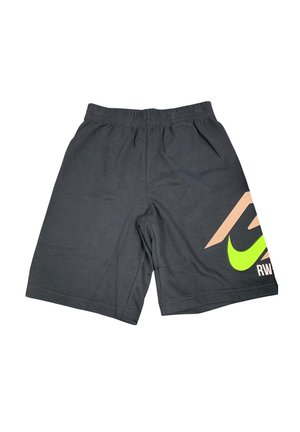 Shorts de sport noirs en mélange de coton, avec une taille élastique et un logo Nike vert bien visible, agrémenté d'accents bruns sur le côté.