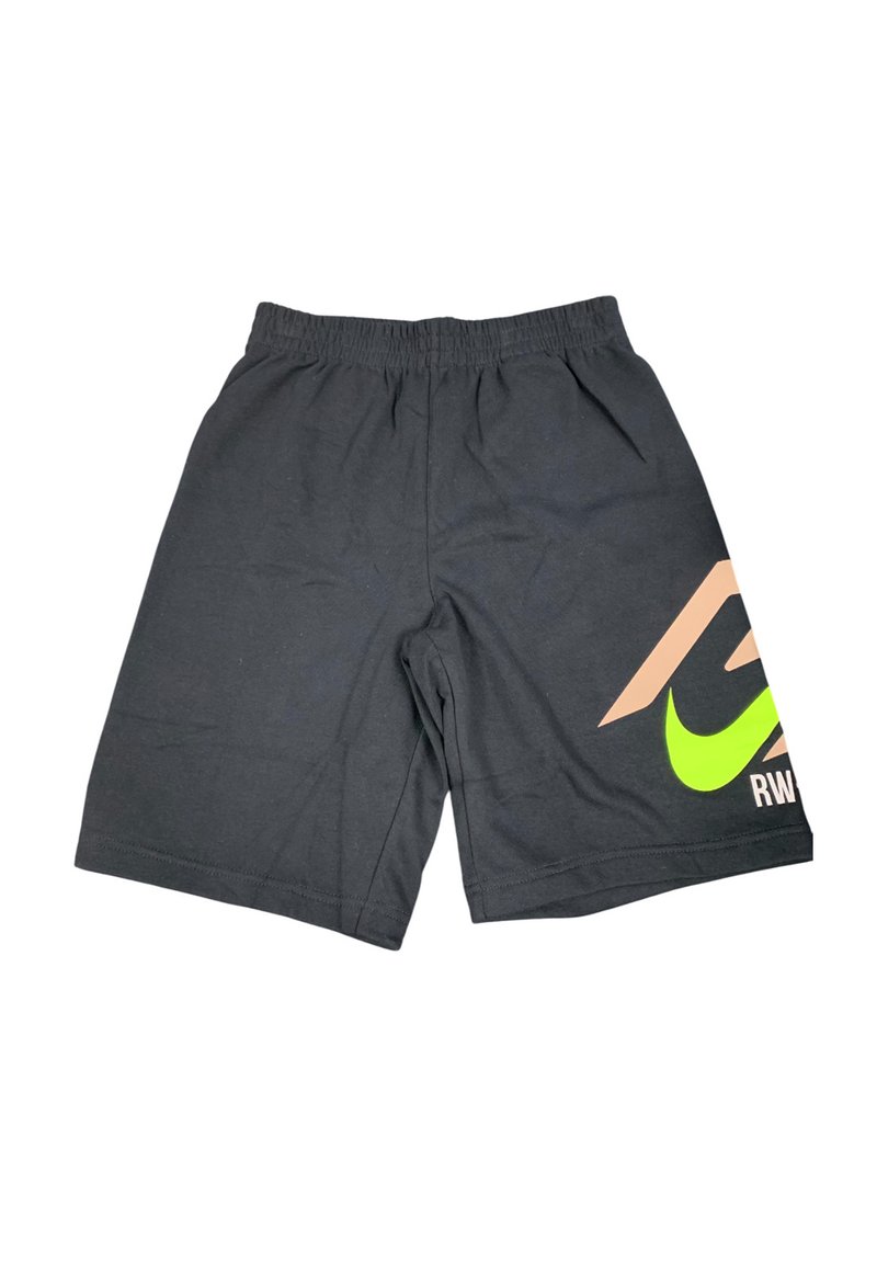 Schwarze Sportshorts aus Baumwollmischung, mit elastischem Bund und großem grünen Nike-Logo sowie braunen Akzenten an der Seite.