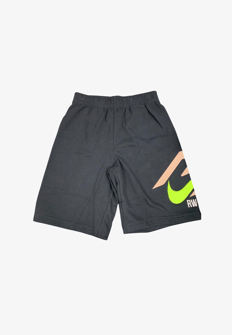 Schwarze Sportshorts aus Baumwollmischung, mit elastischem Bund und großem grünen Nike-Logo sowie braunen Akzenten an der Seite.