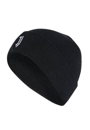 Beanie di maglia nera con un design aderente. Presenta un accento di logo bianco sul lato. Realizzato in tessuto morbido e testurizzato.