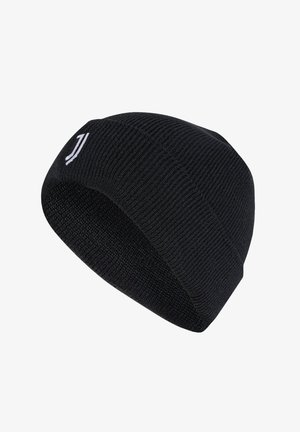 Beanie di maglia nera con un design aderente. Presenta un accento di logo bianco sul lato. Realizzato in tessuto morbido e testurizzato.