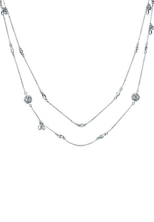 Silver chain necklace with multiple strands, featuring rounded bead accents and varying link shapes, smooth texture with polished finish.