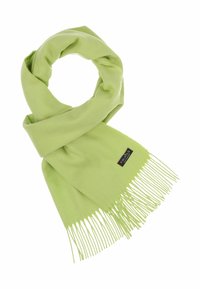 Sciarpa verde realizzata in materiale morbido, presenta bordi frangiati e una piccola etichetta nera con testo bianco per il branding.
