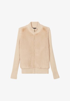 Beige ritsjack met een zachte, nepbont voorkant en ribgebreide mouwen. Voorzien van een hoge kraag en een gladde, gestructureerde afwerking.