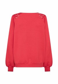 Korallenfarbener Sweatshirt mit langen Ärmeln, Rundhalsausschnitt und Spitzenverzierungen an den Schultern. Glatte Textur und taillierter Bund.