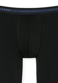 Black cotton boxer briefs with a smooth texture, featuring a dark blue elastic waistband labeled "Schiesser" and reinforced stitching detail.