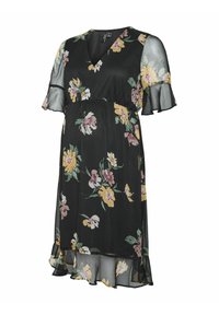 Florale zwarte jurk met korte uitlopende mouwen, V-hals en een gerimpelde zoom. Voorzien van een geel, roze en groen bloemenpatroon op lichtgewicht stof.