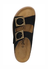 Sort slide sandal med to guldfarvede metalspænder, stribede stofremme og en polstret tan farvet sål. Syet gummisål.