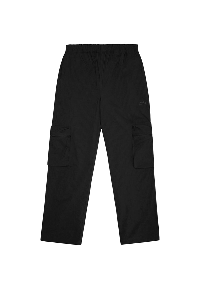 Pantaloni cargo neri con vita elastica, due tasche laterali e un tessuto liscio e leggero. Design a gamba dritta con una vestibilità comoda.