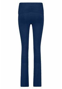 Marineblaue Leggings mit einem breiten, gerafften Bund und einem ausgestellten Bein-Design. Glatte Textur und elastischer Stoff für Komfort und Flexibilität.