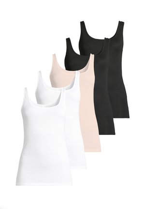 Cinq débardeurs sans manches en blanc, beige et noir, disposés en chevauchement en rangée décalée sur fond blanc.