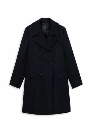 Cappotto in lana blu navy con design doppiopetto, ampi revers, due tasche frontali e bottoni neri. Tessuto liscio e strutturato.