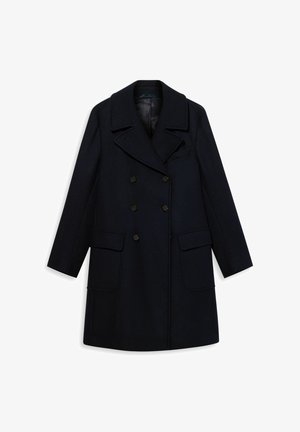 Marineblauwe wollen jas met een dubbelbreasted ontwerp, grote revers, twee voorzakken en zwarte knoopaccenten. Gladde, gewatteerde stof.
