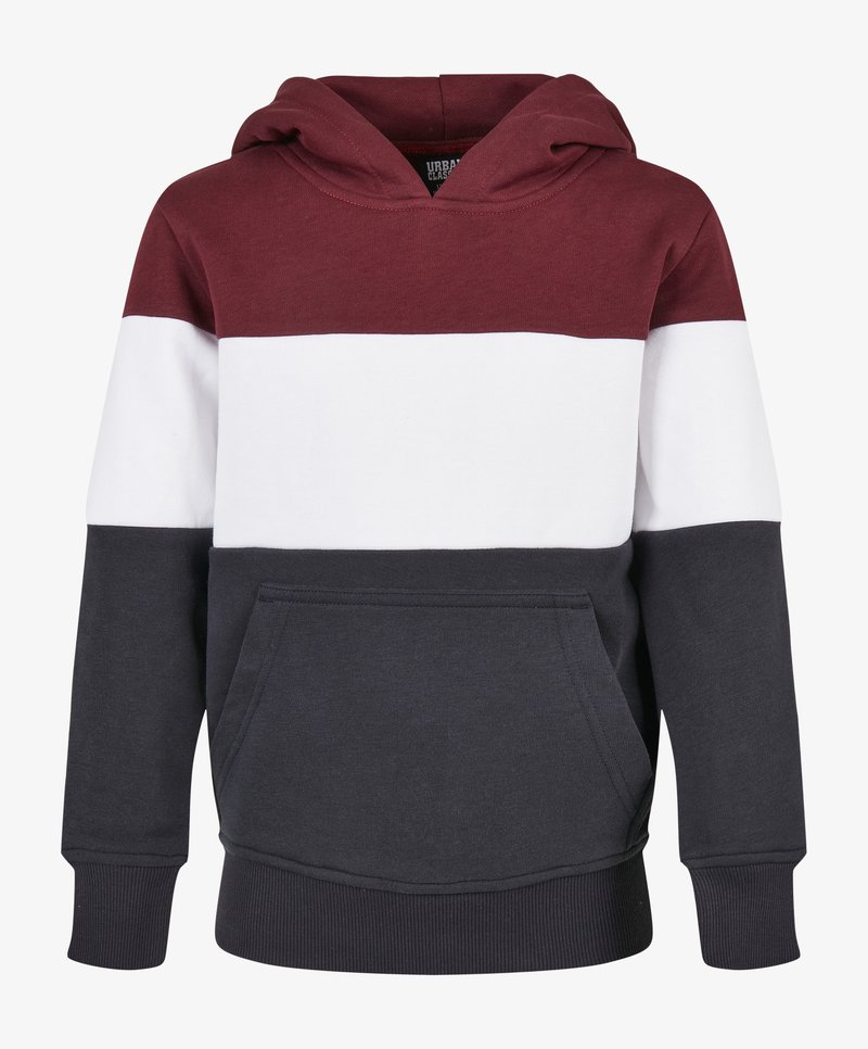 Kapuzensweatshirt mit burgunderroten, weißen und marineblauen Farbblocks. Aus weichem Stoff, mit einer vorderen Kängurutasche und gerippten Bündchen.