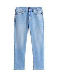 Jeans de mezclilla azul claro con corte recto, que presentan un diseño de cinco bolsillos, cierre de botón y patrones de desgaste mínimos.
