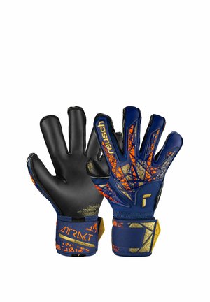 Pair of blue and orange goalkeeper gloves with textured black palms and wrist straps labeled "Attract Evolution" and "Reusch."