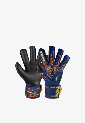 Pair of blue and orange goalkeeper gloves with textured black palms and wrist straps labeled "Attract Evolution" and "Reusch."