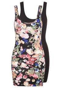 Floral bodycon dress featuring a sleeveless design, with a vibrant flower pattern on a black background and a solid black back.