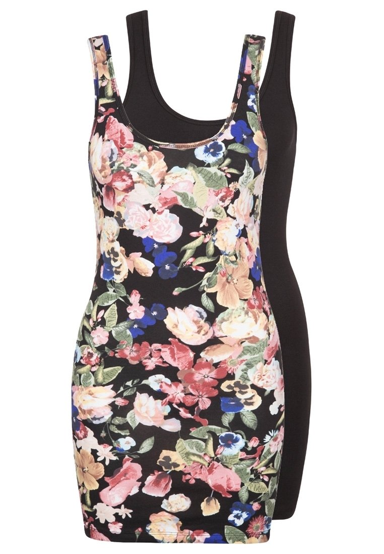 Floral bodycon dress featuring a sleeveless design, with a vibrant flower pattern on a black background and a solid black back.