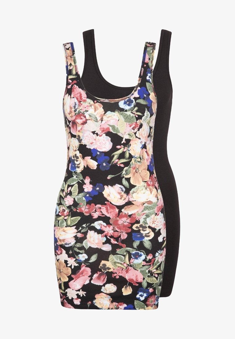 Floral bodycon dress featuring a sleeveless design, with a vibrant flower pattern on a black background and a solid black back.