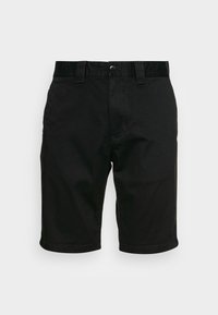 Černé šortky vyrobené z bavlněné směsi. Mají zapínání na knoflík, poutka na opasek a čistý, rovný design bez viditelných vzorů.