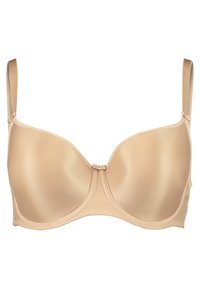 Reggiseno beige con ferretto realizzato in un tessuto liscio e satinato. Presenta spalline regolabili e una semplice chiusura a gancio frontale. Coppe sagomate.