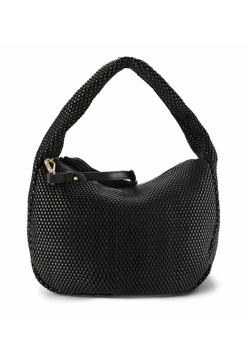 Sac à main tissé noir avec une silhouette incurvée, une surface texturée et une poignée structurée. Dispose d'une fermeture éclair et de subtils accents métalliques dorés.