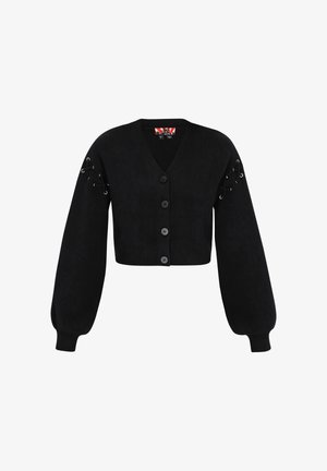 Crni skraćeni kardigan s V izrezom, zatvaranjem na pet gumba i dugim rukavima s čipkastim detaljima na ramenima. Mekana, teksturirana tkanina.