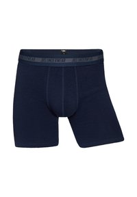 Navy blue boxer briefs made of soft fabric, featuring a comfortable waistband with "JBS UNDERWEAR" in dark lettering, and a fitted design.