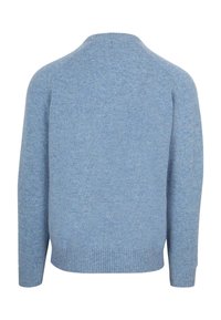 Lichtblauwe trui met een ronde halslijn, geribbeld zoom en manchetten, gemaakt van zachte, gestructureerde stof. Geen zichtbare patronen of accenten.