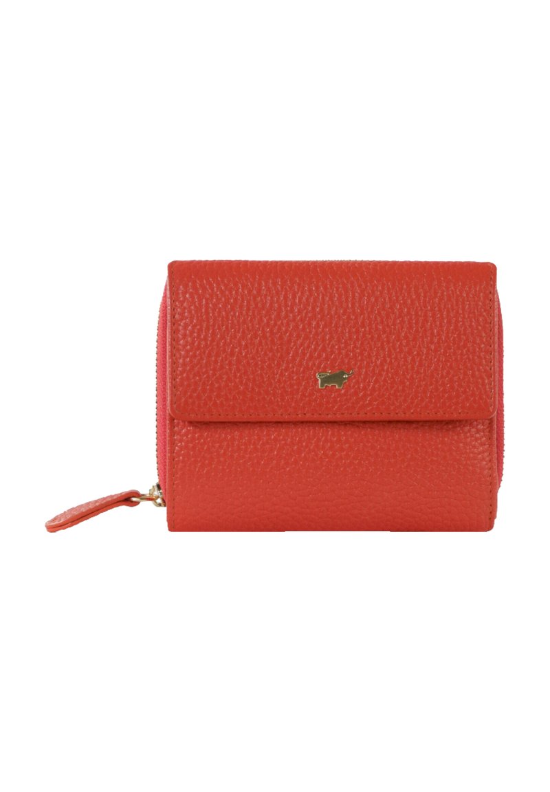 Red textured leather wallet with a gold accent logo, flap closure, and zipper. Compact square shape with a detachable strap.