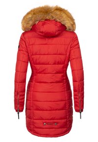 Red padded coat with a faux fur hood, zippered side pockets, and logo detail at the hem. Smooth texture and fitted silhouette.