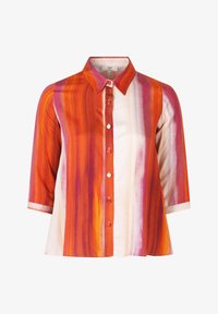 Meergekleurde overhemd met knopen, met oranje, roze en crèmekleurige gestreepte patronen, voorzien van een kraag en driekwart mouwen.