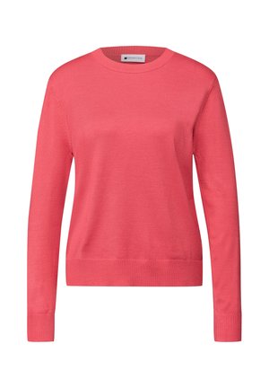 Korallenfarbener Strickpullover mit langen Ärmeln, Rundhalsausschnitt und geripptem Saum. Glatte Textur und schlichtes Design ohne Muster oder Verzierungen.