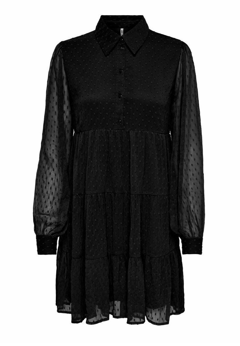 Abito nero realizzato in tessuto trasparente con texture a pois, chiusura frontale con bottoni, colletto e maniche lunghe, dotato di un design a strati.