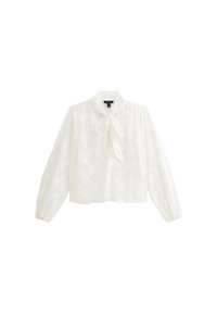 Witte blouse met een kraag en strikdetail. Lange, puffed mouwen met elastische manchetten. Getextureerde stof met subtiel bloemenpatroon. Verkorte ontwerp.