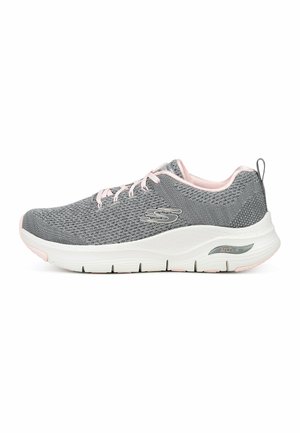 Gray mesh athletic shoe with pink accents, featuring a lightweight design, flexible sole, and padded collar for comfort. Arch support detail visible.